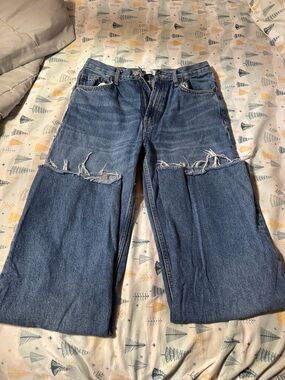 Zara Blue Distressed Wide Leg Jeans